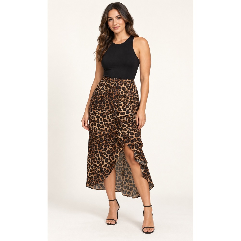 NWOT Good American Leopard Sarong Ruffle Asymmetrical Midi Skirt Size 2
